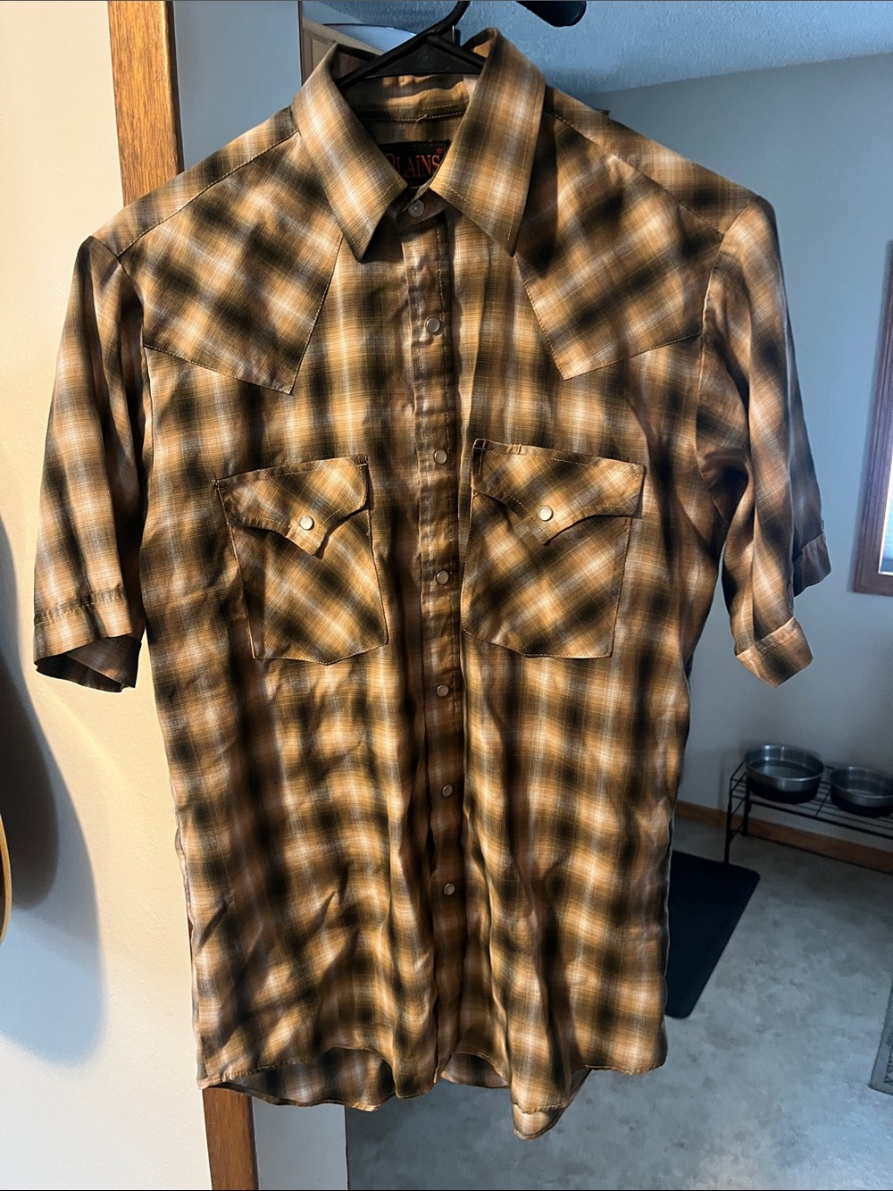 Men's Brown Plaid Short-Sleeve Button-Down Shirt by Plains